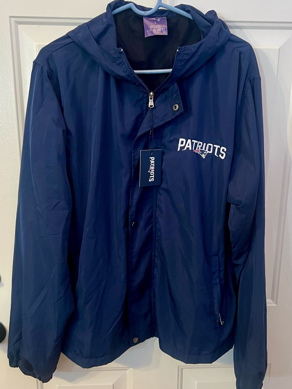 New England Patriots NFL Blue Hooded Windbreaker Jacket Size L